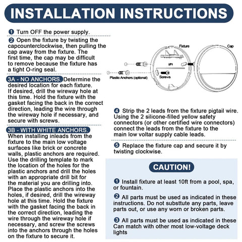 Installation instructions for 18 Pack Low Voltage LED Path Lights Outdoor Waterproof Garden Yard Patio Lighting 2.5W Warm White 2700K No Glare with diagram and caution notes