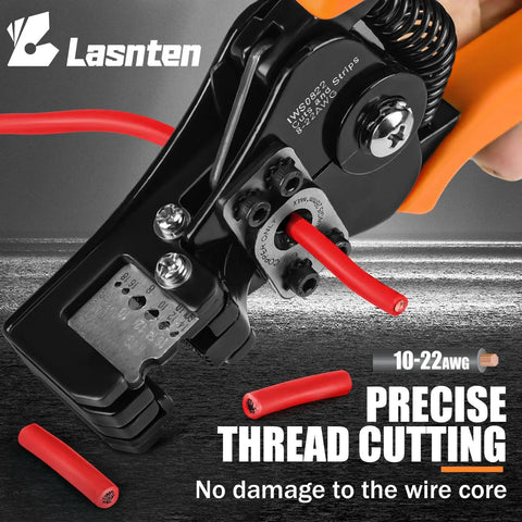 Close-up of heavy duty wire stripper cutting red 10-22 AWG wire, showing self-adjusting mechanism and alloy steel blade.