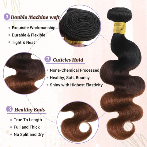 Body Wave Ombre Hair Bundles 16 Inch 100 Percent Real Human Hair T1B 2 30 Chestnut Brown Ombre Color Double Machine Weft
