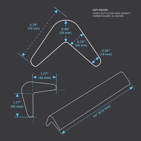 Diagram showing dimensions of Ultra High Density Tough As Nails Corner Guard Edge Protector And Bumper For Parking Garages Workshops And Warehouses In Dark Gray 24 Inches 1 Each Toxic Free High Impact Protection For Trucks And Walls