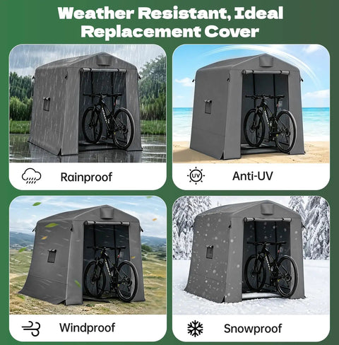 Heavy Duty 7x6x6 Ft Outdoor Storage Shed Portable Shelter with Double Zippered Doors Two Mesh Windows Waterproof UV Resistant 180G PE Cover And Steel Frame in different weather conditions with bicycles inside in green and snowy environments.