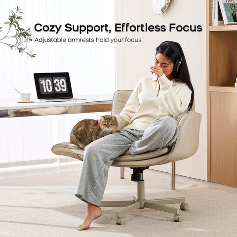 Woman relaxing in Criss Cross Office Chair With PU Leather Vanity Design, with cat on lap, in home office setting, cream.