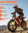 Solid Ride Adult Electric Bike With Upgraded 48V Removable Battery And Dope 1500 Watt Peak Motor Designed To Zip Around Suburbs And Crush Weekend Dirt Routes In Vibrant Orange Hue, showing 20 inch fat tires and coil spring suspension.