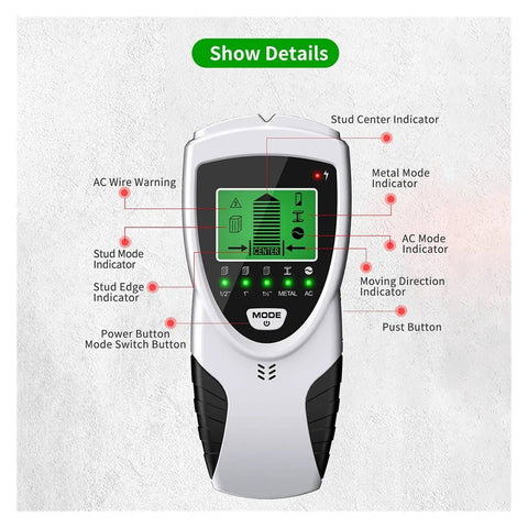 Gold Detector, SH201 Metal Detector Stud Finder Wall Scanner LCD Display for Treasure Hunts with indicators on the screen.