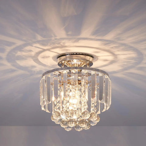 Mini Chrome Crystal Chandelier For Modern Pads, Semi Flush Mount Round Ceiling Light Fixture, Crystal Pendant Style lit up