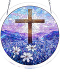 Floral Branches Acrylic Puzzle Sun Catcher For Doors And Windows Two In One Puzzle And Hanging Ornament Kit Easy To Assemble For Stress Relief And DIY Home Decor Blue For Adults, featuring mountain landscape with a cross and wildflowers.