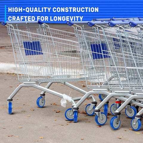 Five Inch Shopping Cart Wheel Set With Dual Precision Bearings And Polyurethane Tread Blue Crown installed on carts on pavement.