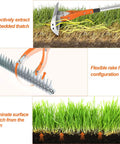 Diagram showing Thatch Rake Pro 19 Curved Steel Tines 15 Inch Lawn Dethatching Rake extracting thatch and aerating soil.