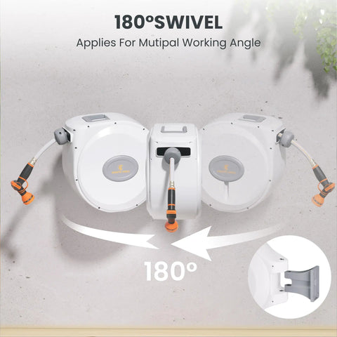 CW20 Retractable Garden Hose Reel 60 Foot 5 Eighth Inch Heavy Duty Water Hose Reel with 180 degree swivel in light grey on wall