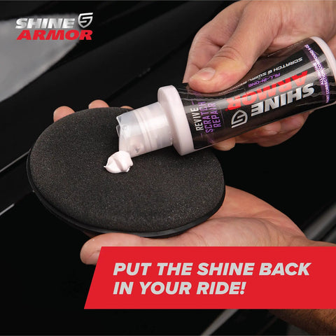 Person applying Car Scratch Remover And Swirl Repair Polish 4oz With Water Repellent Gloss Finish for deep mirror shine on pad