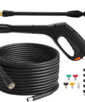 Versatile Heavy Duty Pressure Washer Gun And Hose Kit With Replacement Extension Wand For Most Brands Built With Steel Plated Zinc Fittings Anti Rust And Leak Free Great For Cars Driveways Floors Windows And More shown with black gun, hose, nozzles, and extension wand
