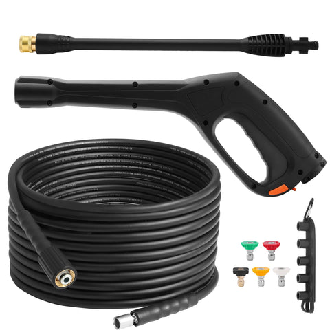 Versatile Heavy Duty Pressure Washer Gun And Hose Kit With Replacement Extension Wand For Most Brands Built With Steel Plated Zinc Fittings Anti Rust And Leak Free Great For Cars Driveways Floors Windows And More shown with black gun, hose, nozzles, and extension wand
