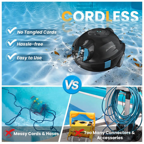 Cordless robotic pool cleaner with dual suction and ultra long battery life contrasting traditional vacuum with cords.