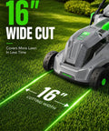 40V 16 Inch Cordless Electric Lawn Mower With 4.0Ah Battery, lightweight green mower with 16-inch cutting width on grass