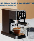 Top Shelf 20 Bar Espresso Machine With Bright Touch Panel For Six One Touch Drinks And Smooth Milk Frother Compact Brewer with steaming coffee.