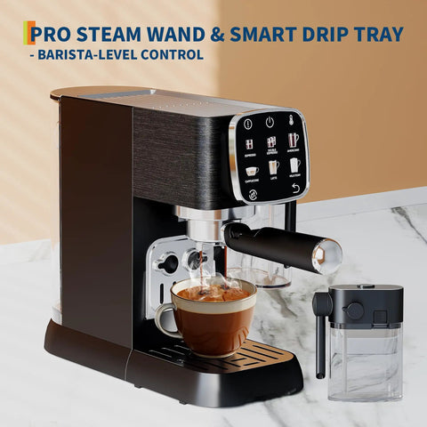 Top Shelf 20 Bar Espresso Machine With Bright Touch Panel For Six One Touch Drinks And Smooth Milk Frother Compact Brewer with steaming coffee.