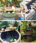 Multiple views of solar water fountain pump kits with 6 nozzles and 9.8ft power cord for bird baths, ponds, and gardens.