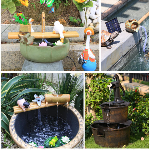 Multiple views of solar water fountain pump kits with 6 nozzles and 9.8ft power cord for bird baths, ponds, and gardens.