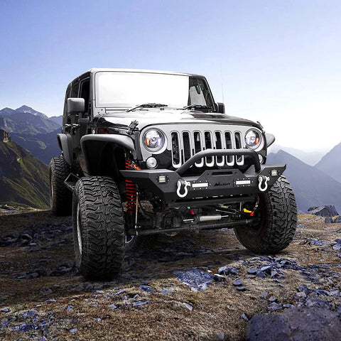 Front view of a black Nilight off-road bumper with winch plate and LED lights on Jeep Wrangler JK/JKU