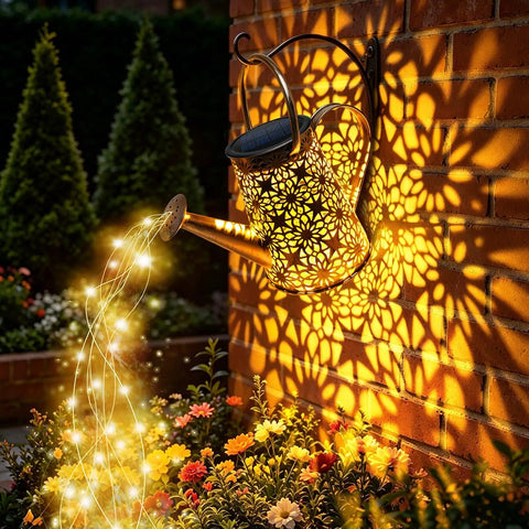 Solar Watering Can Lights, Large Retro Metal Hanging Outdoor LED Decor casting glow on garden, warm white light, waterproof