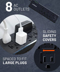 PowerBlitz Surge Protector Power Strip with USB A and USB C ports, 8 outlets, sliding safety covers, spaced for large plugs.