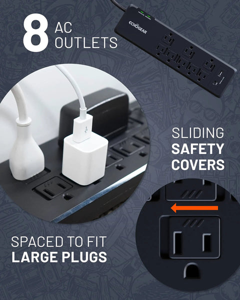 PowerBlitz Surge Protector Power Strip with USB A and USB C ports, 8 outlets, sliding safety covers, spaced for large plugs.