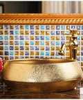 Premium Gold Ceramic Round Vessel Sink For Bathroom Countertop Vanity With A Slick Scratch Resistant Glaze And Easy Maintenance Design For Daily Home Use on a countertop.