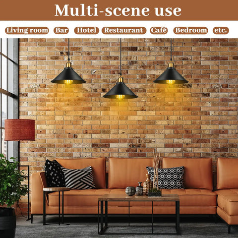 12 Pack Black Industrial Pendant Lights Set With Vintage Dome Design in a stylish living room with exposed brick wall