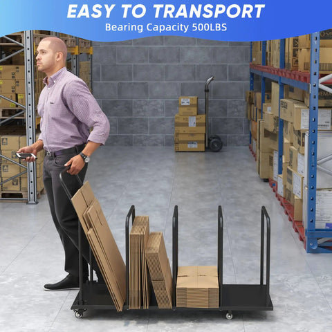 Person using Beefy Carton Stand With Wheels Heavy Duty 500Lb Cardboard Box Storage Rack Rolling Carton Organizer in warehouse