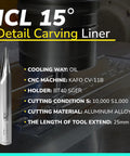 15 degree detail carving liner bit in use with CNC, 25mm extend, featuring micrograin carbide for precise woodworking.