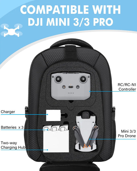 Waterproof Hard Case For DJI Mini 4 Pro And Mini 3 Pro, Rugged Drone Travel Backpack with controller and drone storage layout