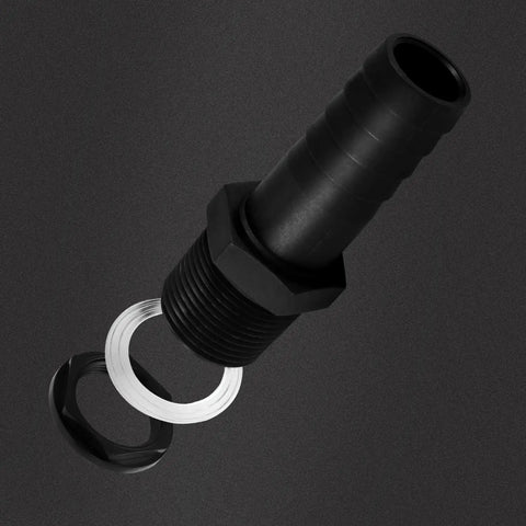 Two Pack 1 Inch PVC Bulkhead Fittings With Rubber Seals And Lock Nuts, Durable Water Tank Connector Adapters, Black, close-up view