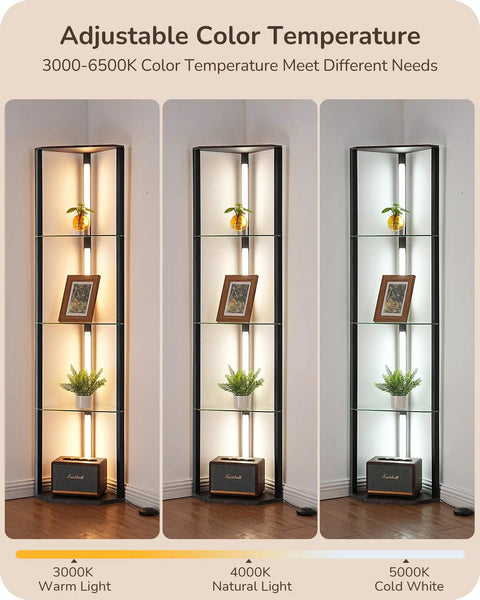 Go To Space Saving Floor Lamp With Built In Table And Shelves displaying adjustable color temperatures in living room setting.