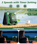 Camping Fan Battery Powered And Solar Powered Lightweight Portable Cordless Fan with Light by a lakeside