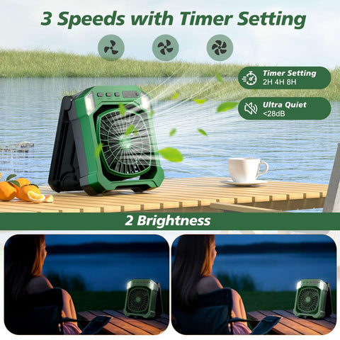 Camping Fan Battery Powered And Solar Powered Lightweight Portable Cordless Fan with Light by a lakeside