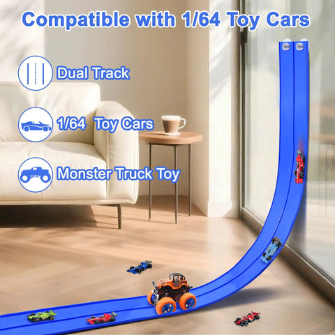 15 Ft Flexible Race Track Set with Two Lane Track and 6 Toy Cars for Kids shown on a wooden floor in a living room setting.
