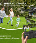 1080P HD Camera Foldable RC Drone capturing family running in park with controller display, featuring real-time footage.