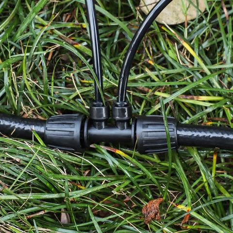 10 Pack Reducing Tee Connectors For Drip Irrigation Five Sixteenths To One Quarter Inch splitter in garden setup