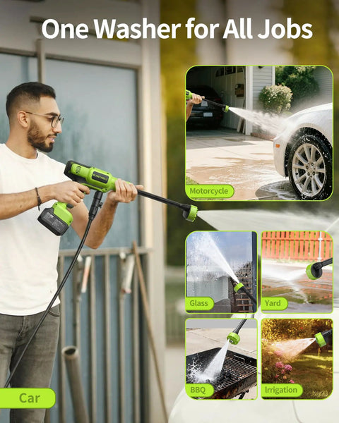 Man using Cordless Handheld Pressure Washer 1100 PSI Battery Powered With Copper Motor, 23 Ft Hose in various settings