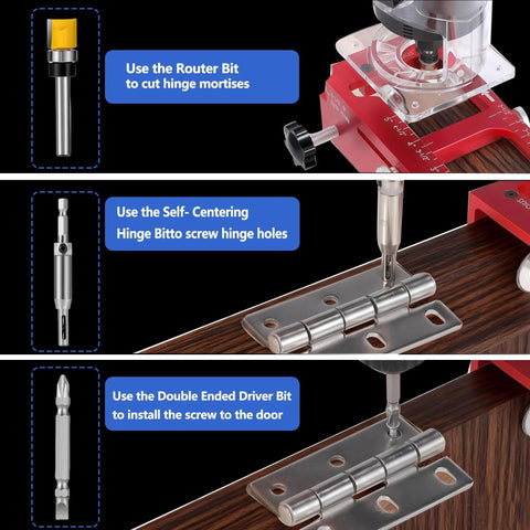 Pro Grade Aluminum Door Hinge Jig Kit For Router Use Adjustable Mortise Template with router, drill bit, and hinge on door