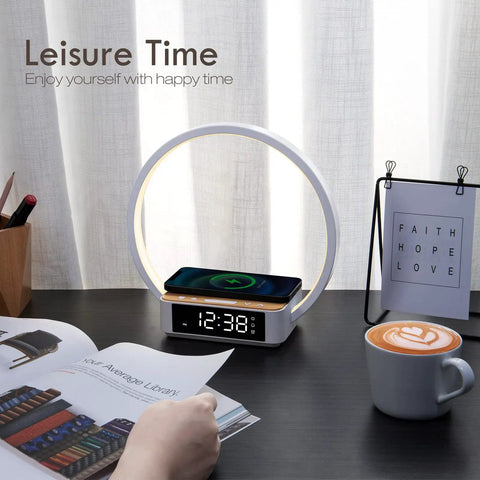 Bedside Lamp With Alarm Clock And Wireless Charger, Sunrise Wake Up Light on desk with coffee, emphasizing leisure time