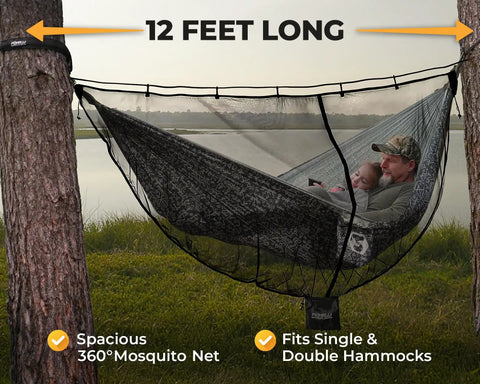 12ft Lightweight Hammock Bug Net for Camping with 360 Degree Coverage, protecting a hammock with occupants against insects.