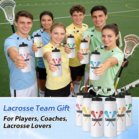 Group holding 6 Pack Lacrosse Water Bottles With Extra Long Straws And Caps 1 Liter BPA Free Reusable Hydration Bottles