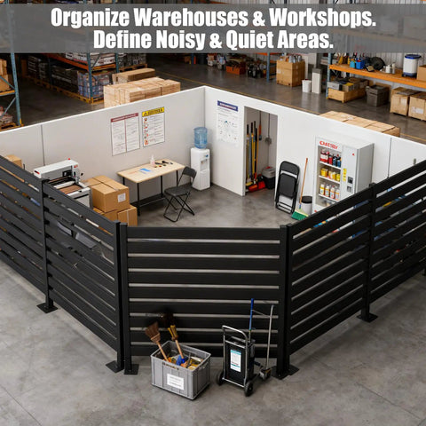 Double Layer Privacy Fence Four Panel Heavy Duty Wrought Iron Screen For Maximum Backyard Privacy Also Great For AC Units Trash Areas And Pool Enclosures 38 Inch Wide By 48 Inch High installed in an industrial workspace.