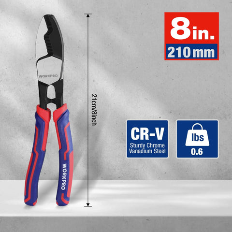 Knockout 8 Inch Cable Cutter With Twin Cutting Edge And Rock Solid Hrc65 Steel Blade For Butter Smooth Snips On Electrical Wire on display.