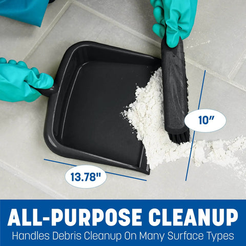 Large Handheld Dustpan With Wide Lip And Hanging Hole in use for countertop cleanup, heavy duty plastic, 10 inch green, Made In Mexico
