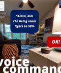 Living room with smart speaker and lamp, Alexa dimming lights. Long Range In Wall Smart Light Switch With LoRa Coverage Up To One Quarter Mile