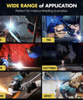 Various welding applications including MIG, TIG, MMA, cutting, grinding, and spot welding with Auto Darkening Welding Helmet.