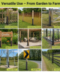 Heavy Duty Fence Post Repair Kit For Leaning Wooden Supports showcased in various uses like fence repair and temporary fencing.