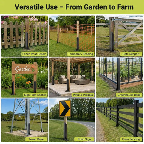 Heavy Duty Fence Post Repair Kit For Leaning Wooden Supports showcased in various uses like fence repair and temporary fencing.
